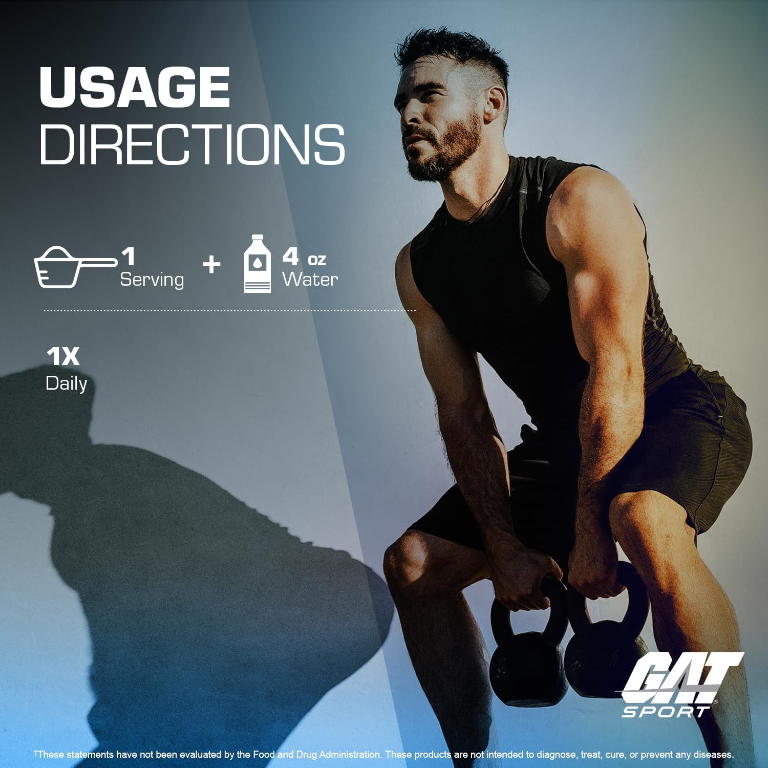 Man lifting weights with fitness supplement usage directions on a gray background