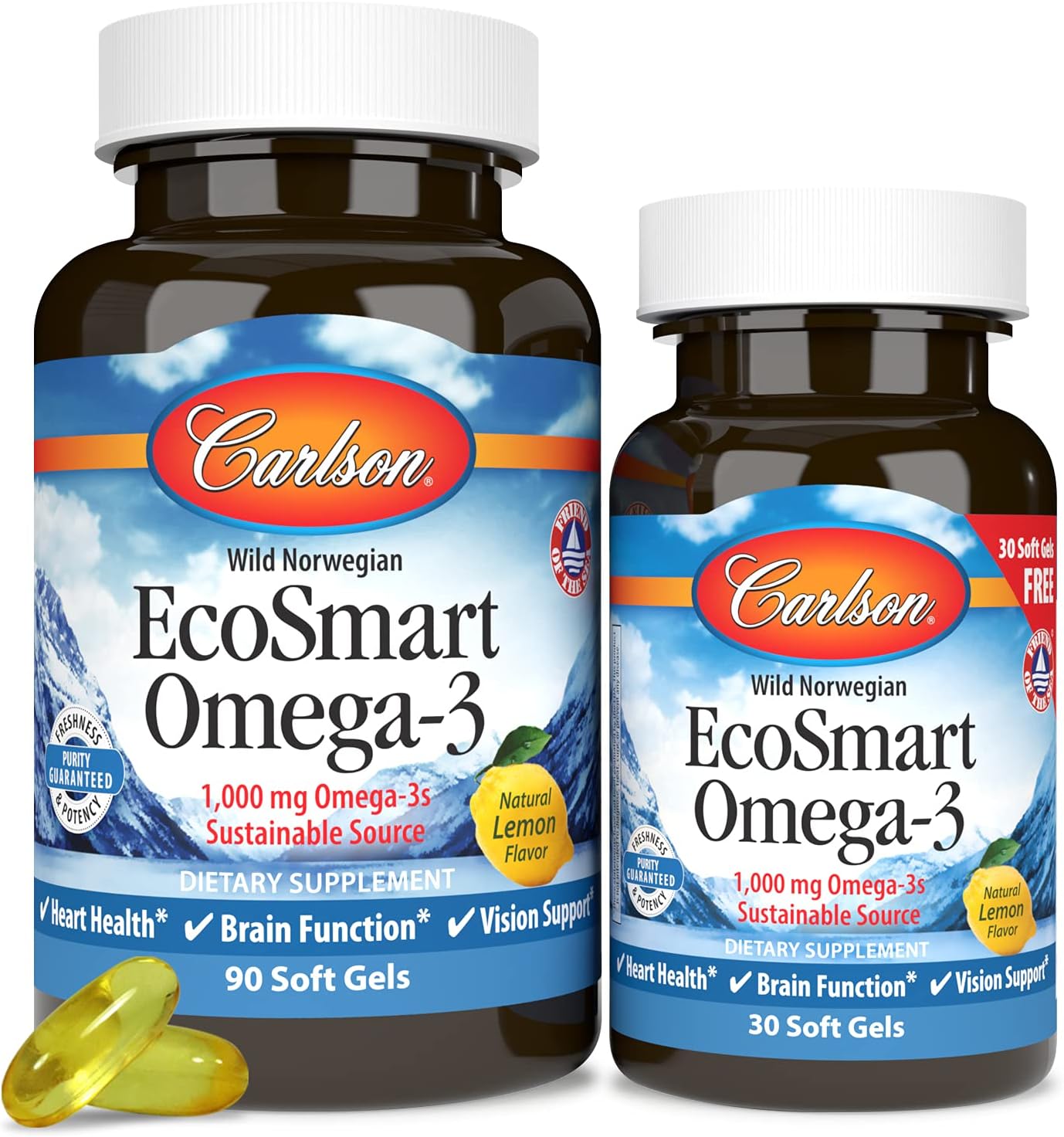 Front image: Carlson EcoSmart Omega 3 calamari oil lemon softgels 1000 mg 120 count bottle