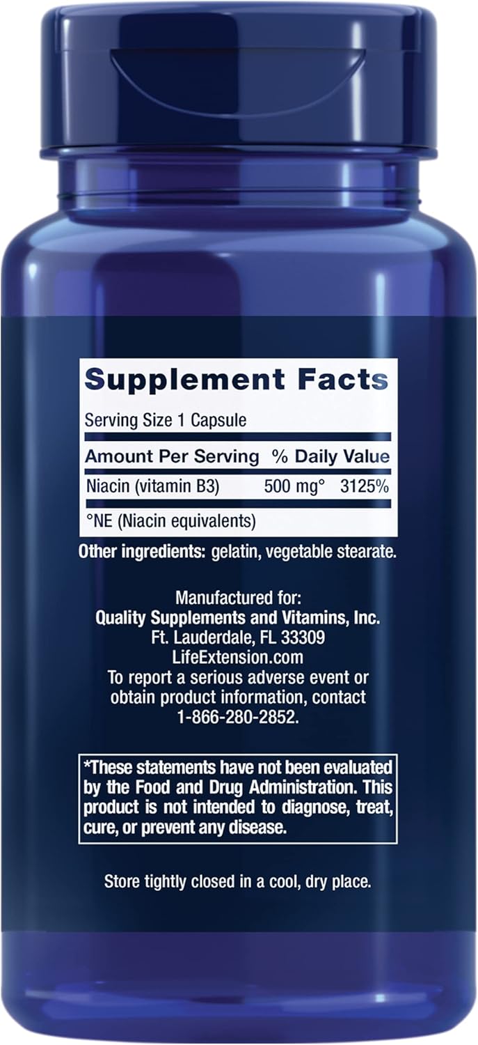 Life Extension Vitamin B3 Niacin 500mg supplement facts label