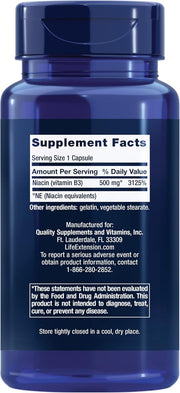 Life Extension Vitamin B3 Niacin 500mg supplement facts label