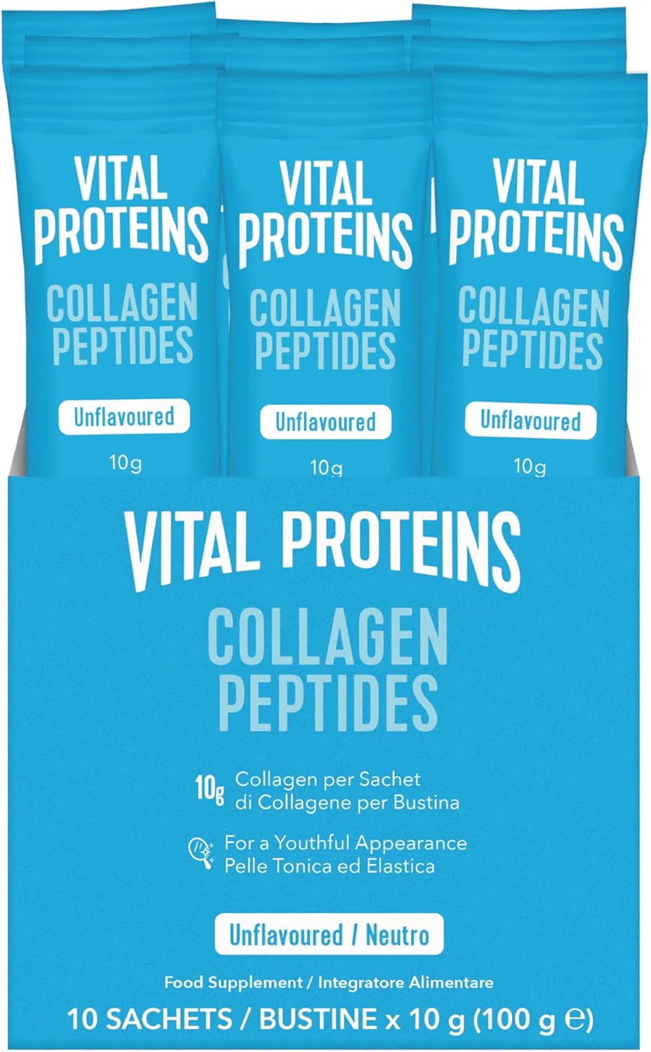 Front image: Vital Proteins Collagen Peptides sachets unflavoured 10 pack 10g each