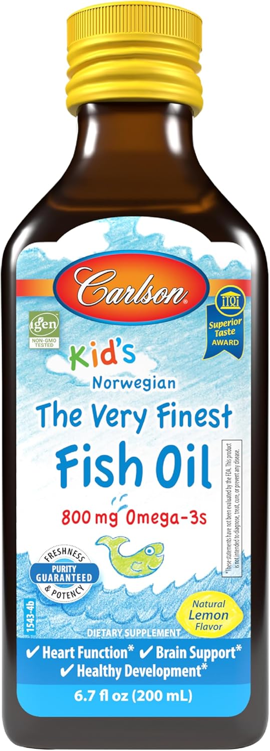 Front image: Carlson Kids fish oil liquid omega 3 800 mg lemon flavour 200 ml bottle
