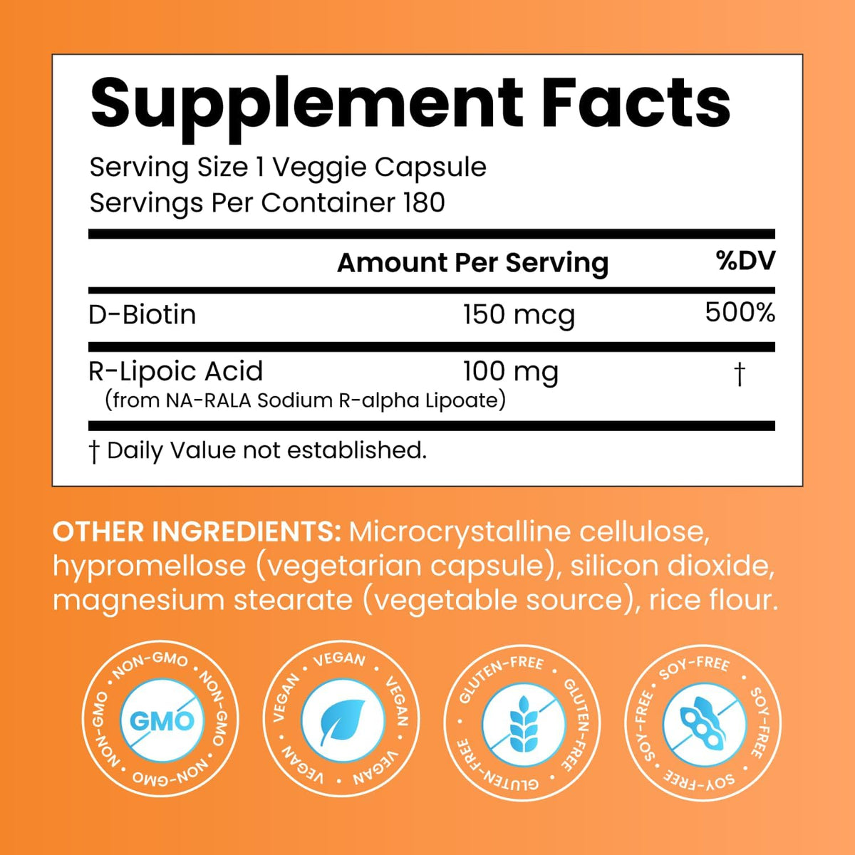 Doctor's Best Stabilized R-Lipoic Acid, bottle packaging, unflavoured, 100mg, 180 veggie capsules, supplement facts and ingredients
