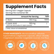 Doctor's Best Stabilized R-Lipoic Acid, bottle packaging, unflavoured, 100mg, 180 veggie capsules, supplement facts and ingredients