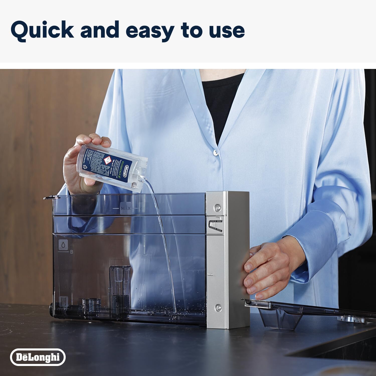 De'Longhi EcoDecalk Mini Coffee Machine Descaler, carton and liquid bottle packaging, unscented formula, 2 x 100ml, descaling directions