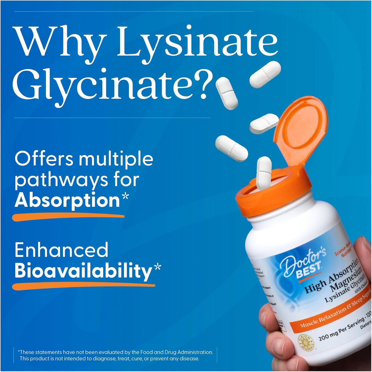 Doctor's Best Magnesium Lysinate Glycinate, bottle packaging, unflavoured, 200mg, 120 or 240 tablets, daily dietary supplement use