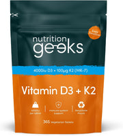 Nutrition Geeks Vitamin D3 + K2 4000IU, vegetarian food supplement tablet packaging, no flavour, 365 tablets