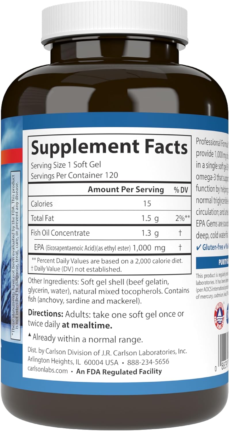 Supplement facts & ingredients image: Carlson Elite EPA Gems omega 3 EPA supplement facts softgels 120 count