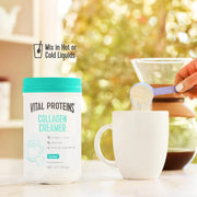 Lifestyle/use image: Vital Proteins Collagen Coffee Creamer coconut powder tub 293g lifestyle use