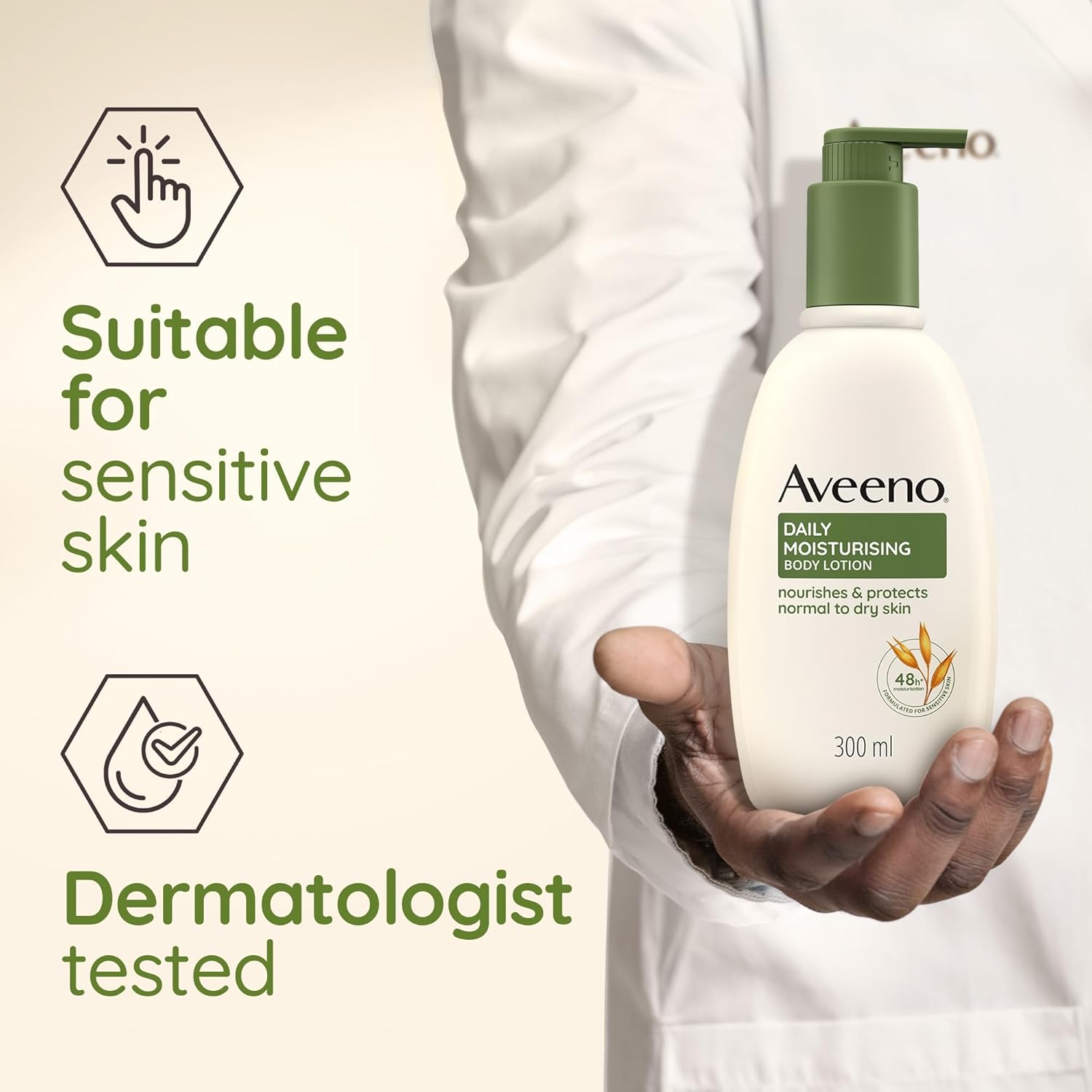 Aveeno Daily Moisturising Body Lotion 300ml pump bottle, fragrance-free variant.