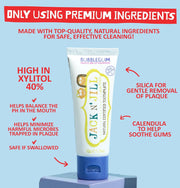 Jack N' Jill Natural Certified Toothpaste Bubblegum, toothpaste tube packaging, bubblegum flavour, 50g, ingredients information