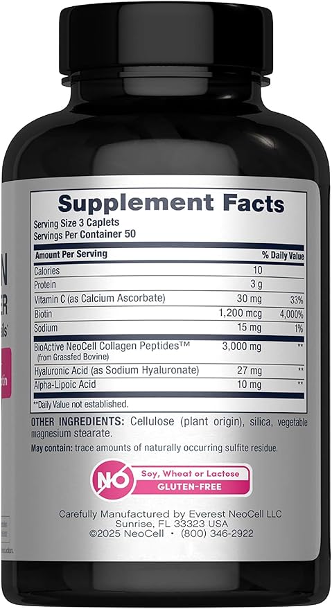 Supplement facts panel for NeoCell Beauty Builder collagen caplets.