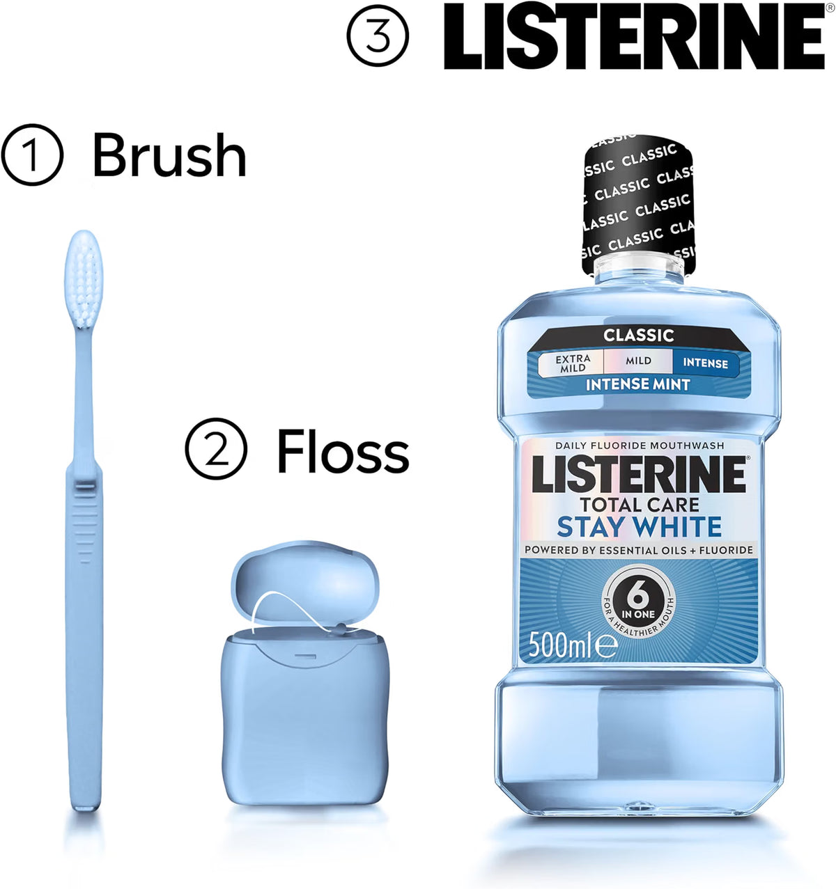Listerine Total Care Stay White Intense Mint Mouthwash oral rinse bottle 500ml how to use