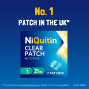 NiQuitin Clear Step 1 Nicotine Patches 21mg pack containing 7 transparent patches No.1 patches in the UK