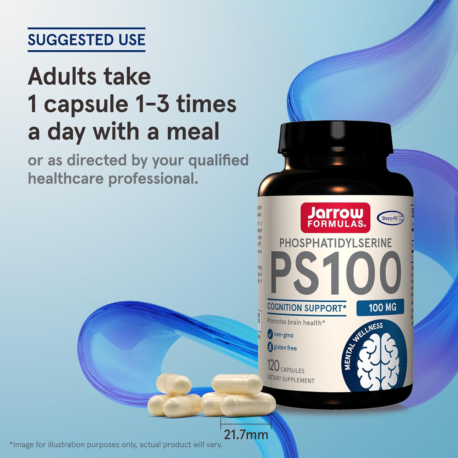 How to Use Image: Jarrow Formulas PS100 phosphatidylserine 100mg capsules 120 count usage instructions with meal