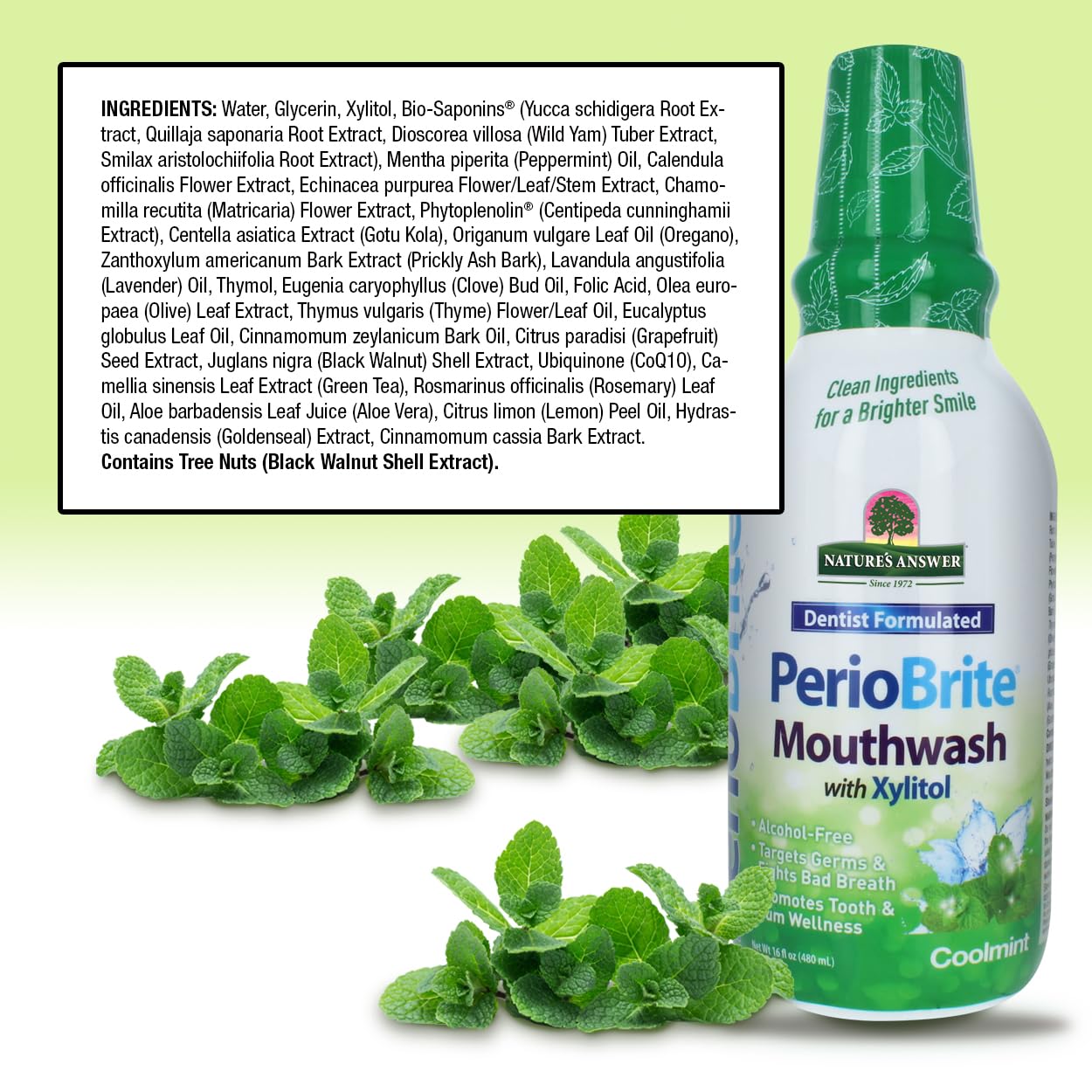Nature’s Answer PerioBrite Cool Mint mouthwash 480ml ingredients and directions