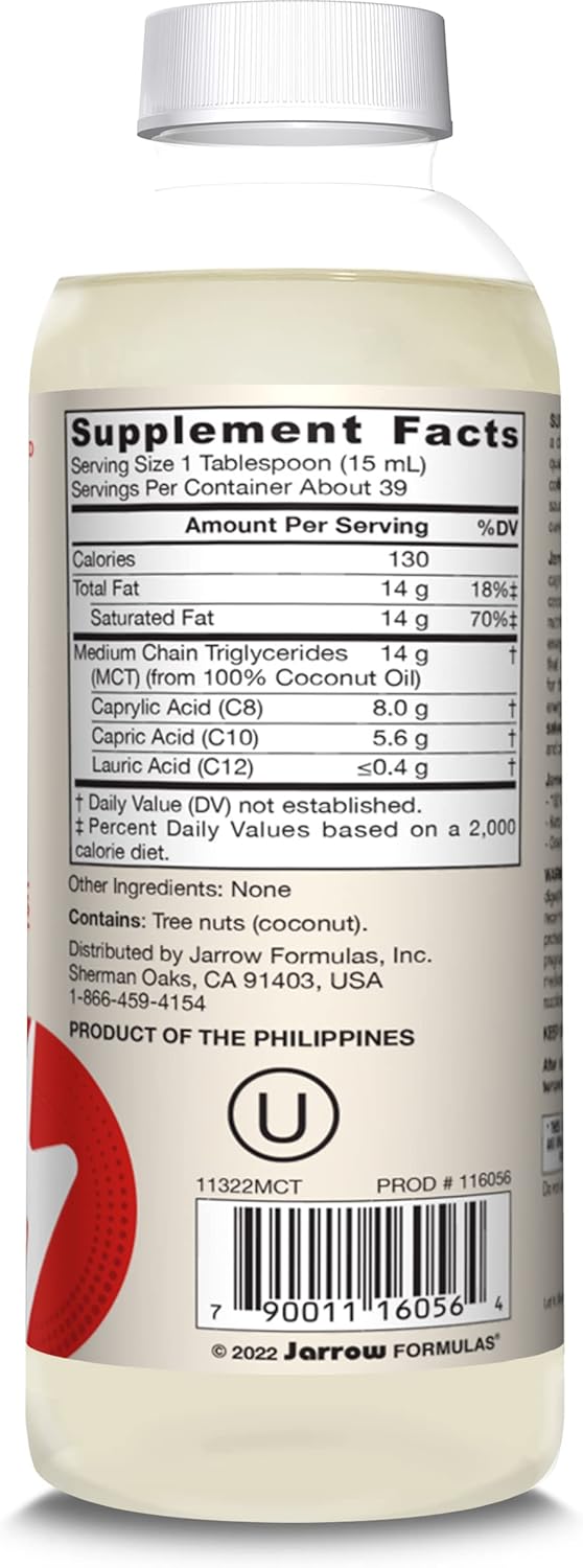 Supplement Facts & Barcode Image: Jarrow Formulas MCT oil 591ml nutrition information coconut derived