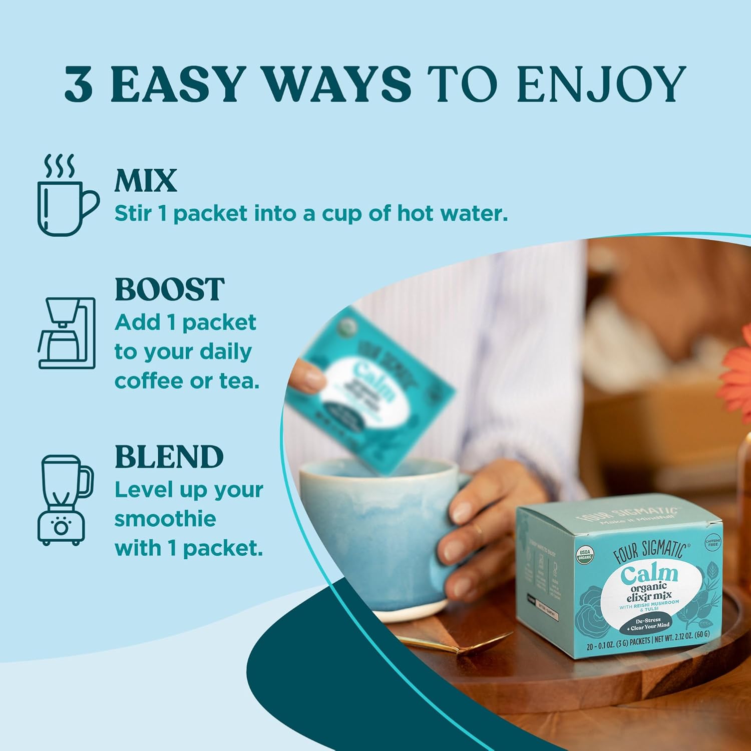 How to use: Four Sigmatic Reishi elixir preparation instructions sachet display in 3 ways.