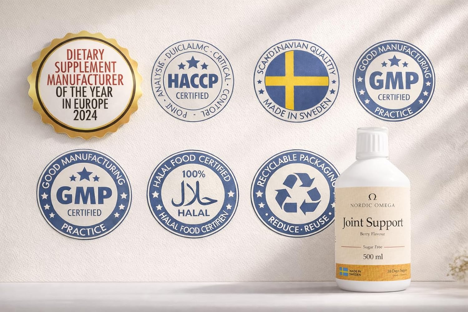 Nordic Omega Joint Support Liquid Collagen Berry 500ml seal & certifications