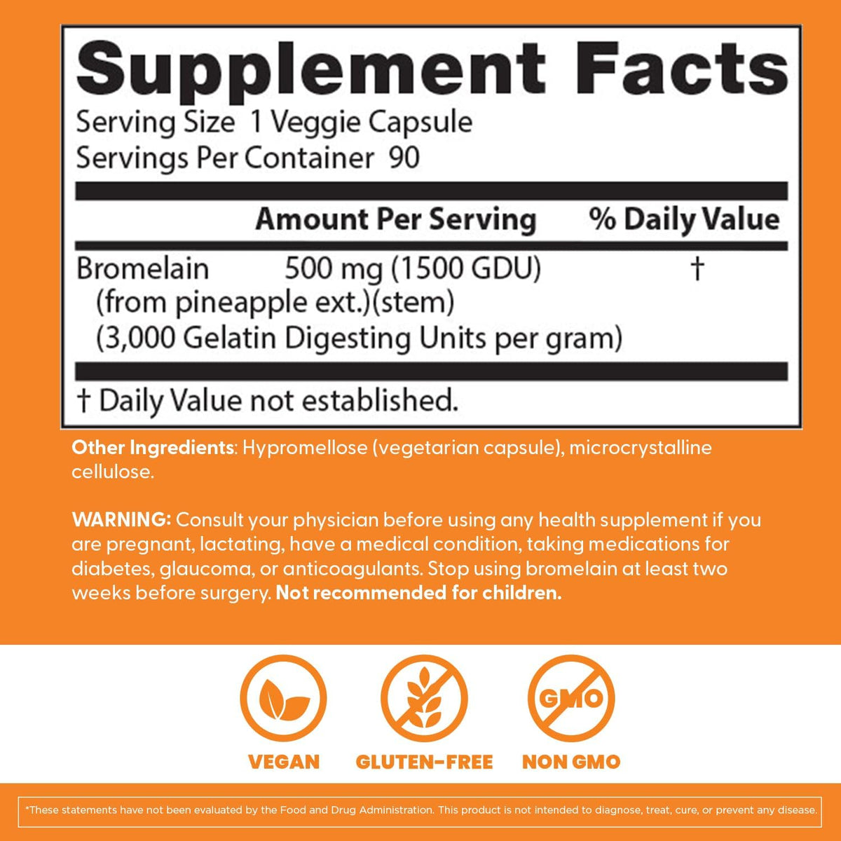 Doctor's Best High Potency Bromelain, bottle packaging, unflavoured, 500mg, 90 veggie capsules, supplement facts and ingredients
