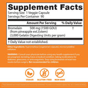 Doctor's Best High Potency Bromelain, bottle packaging, unflavoured, 500mg, 90 veggie capsules, supplement facts and ingredients