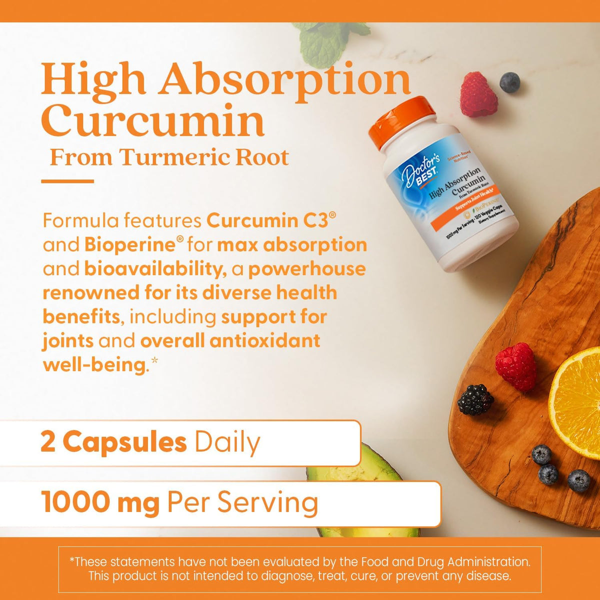 Doctor's Best High Absorption Curcumin, bottle packaging, unflavoured, 1000mg, 120 capsules, daily use instructions