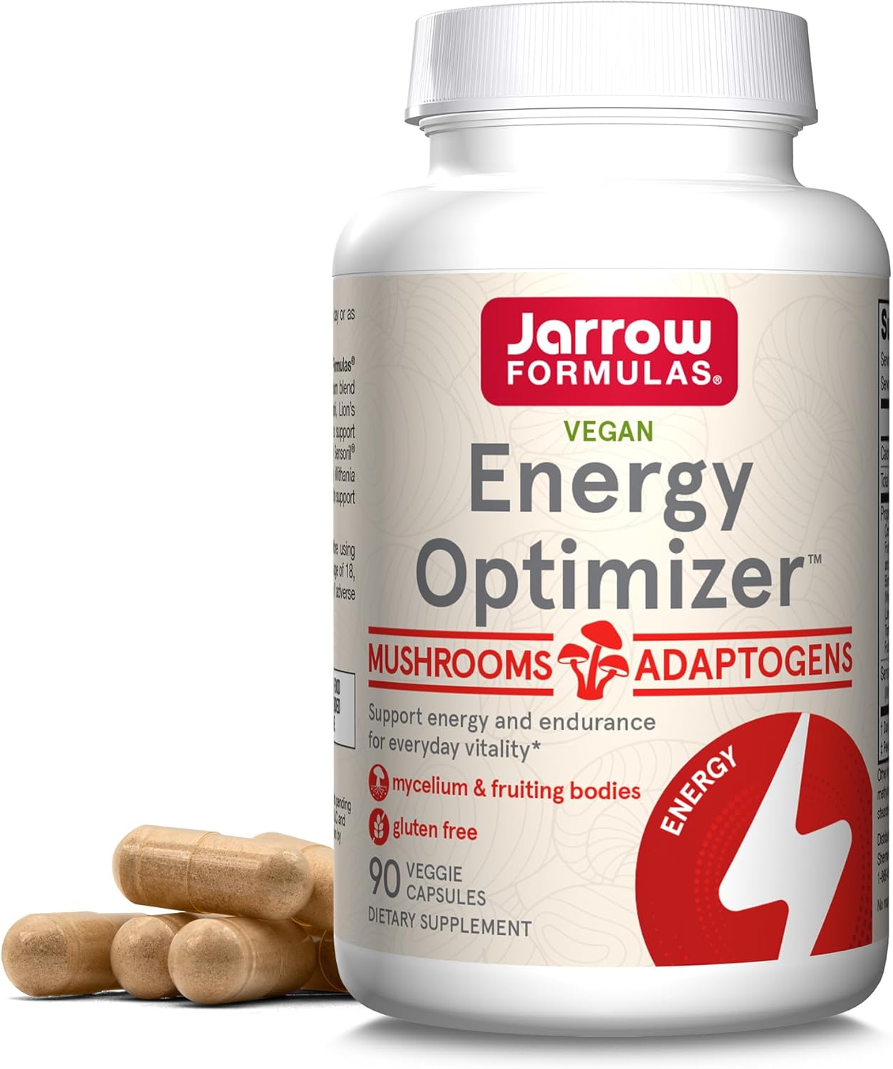 Front Image: Jarrow Formulas Energy Optimizer mushroom complex veggie capsules 90 count front packaging bottle
