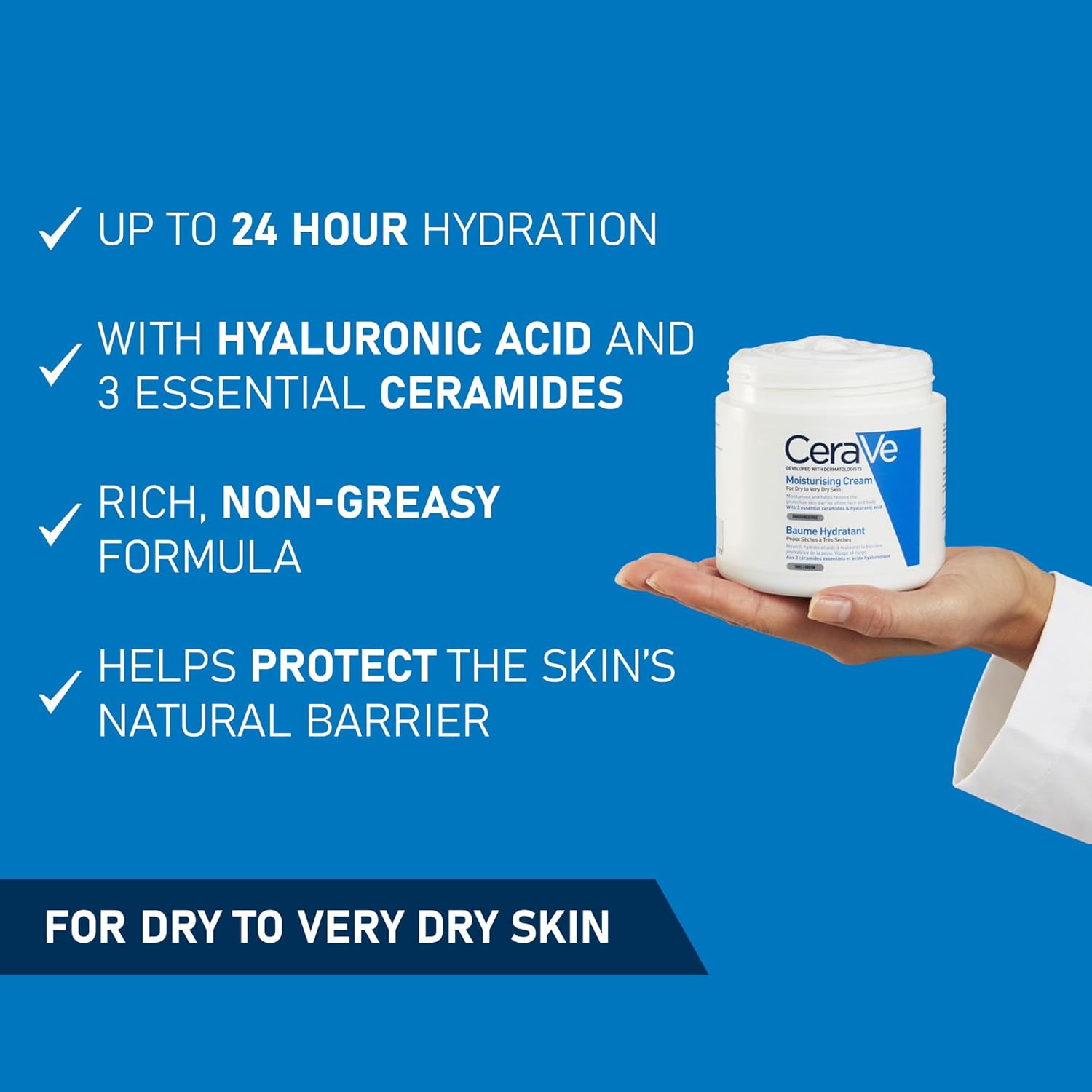 CeraVe Moisturising Cream ingredient label with ceramides and hyaluronic acid 454g tub