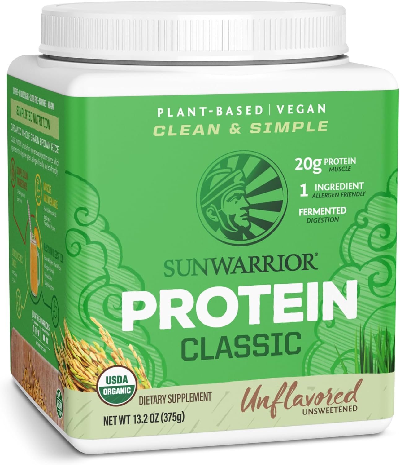 Sunwarrior Organic Brown Rice Protein Powder tub, unflavoured 375g
