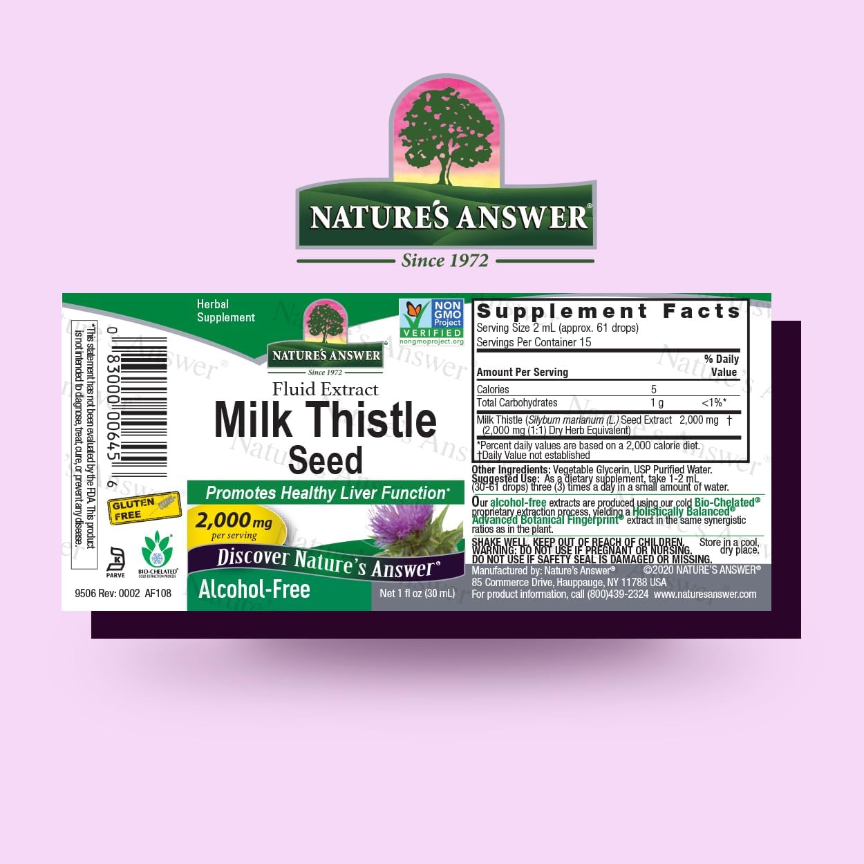 Nature’s Answer Milk Thistle alcohol free liquid extract 30ml barcode on a pink background
