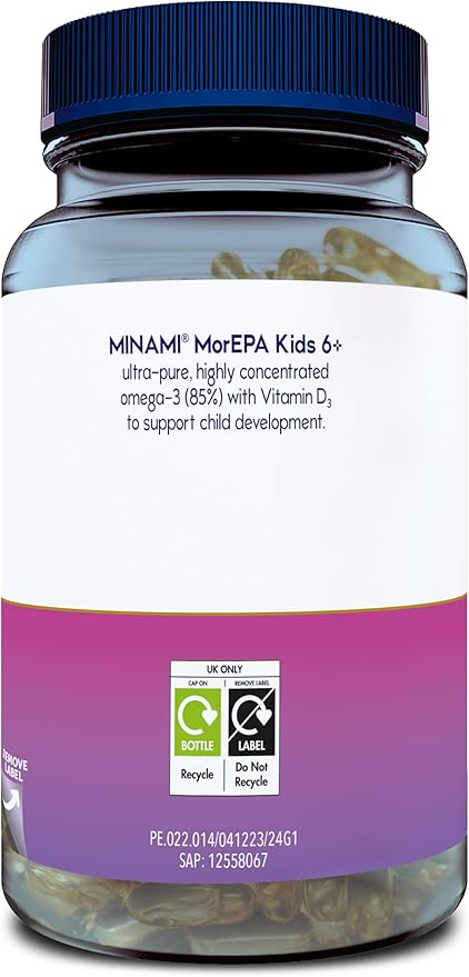 Supplement facts label for Minami Kids MorEPA with EPA, DHA, and Vitamin D3.