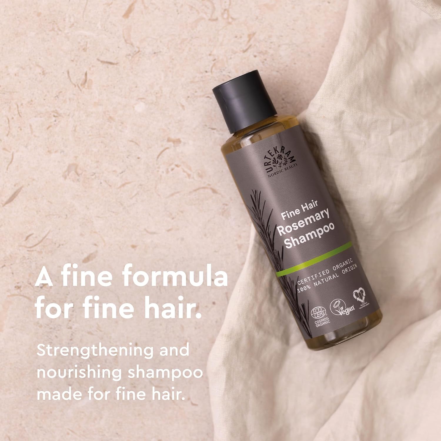 Urtekram Fine Hair Rosemary Shampoo, shampoo bottle packaging, rosemary fragrance, 250ml, product information