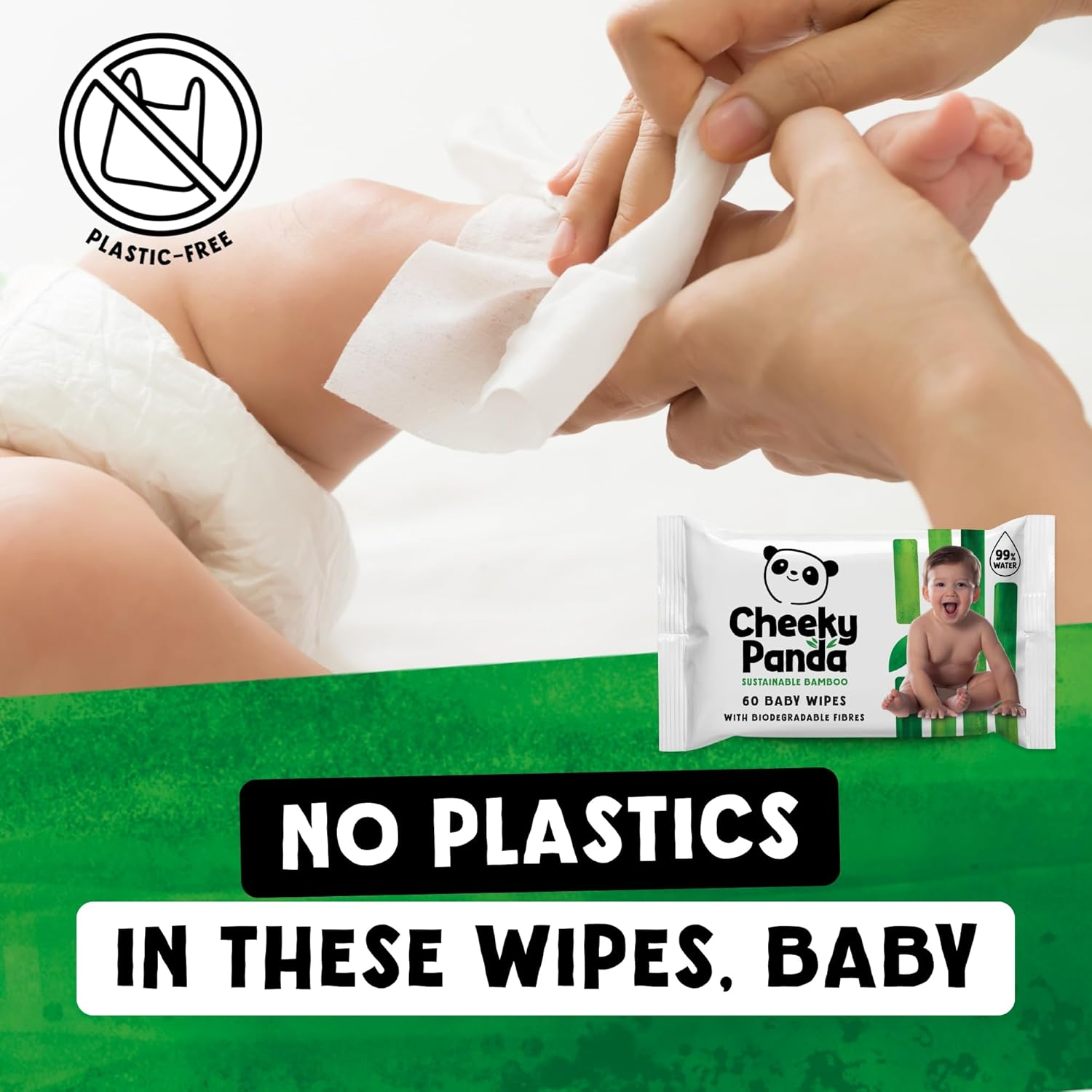 Close-up showing a soft, textured bamboo wipe pulled from the pack no plastic.