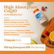 Doctor's Best High Absorption CoQ10 with BioPerine, bottle packaging, unflavoured, 100mg, 60 or 120 veggie capsules, daily use instructions