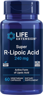 Life Extension Super R-Lipoic Acid supplement bottle, 60 vegetarian capsules, 240mg R-ALA.