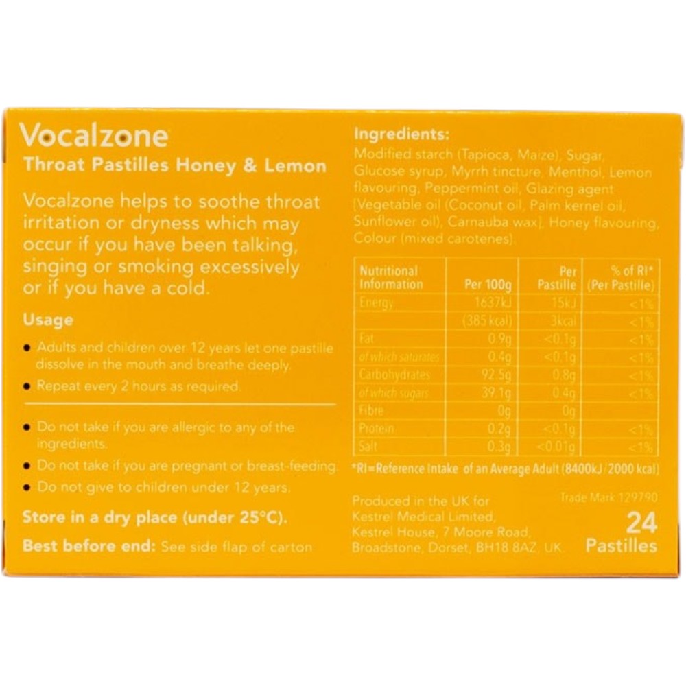 Vocalzone Honey and Lemon Throat Pastilles honey lemon flavour 24 count ingredients