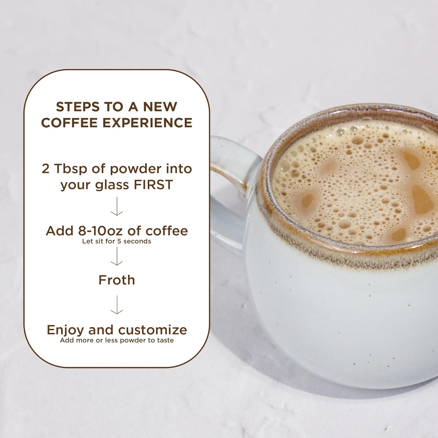 How to Use: Laird Superfood mocha coffee creamer mixing instructions 227g on white background