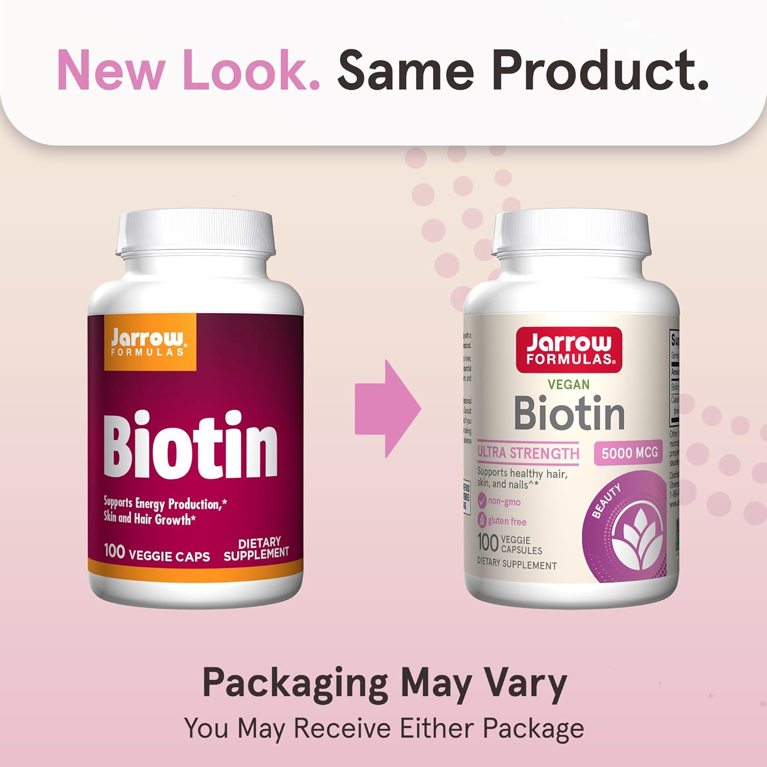 Jarrow Formulas Biotin 5000mcg Supplement - 100 Veggie Capsules. Old & new packaging.