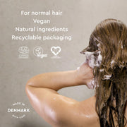Urtekram Moisturising Rose Shampoo, shampoo bottle packaging, rose fragrance, 250ml, hair washing directions