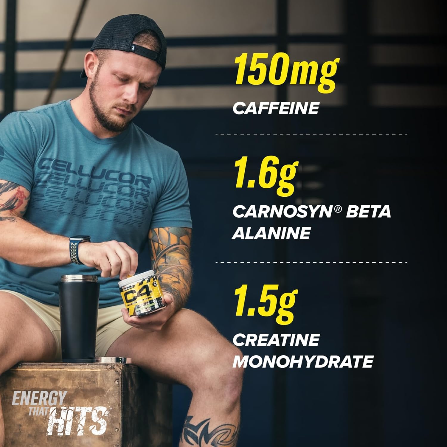 Man sitting on a wooden box with supplement container, surrounded by nutritional information text.