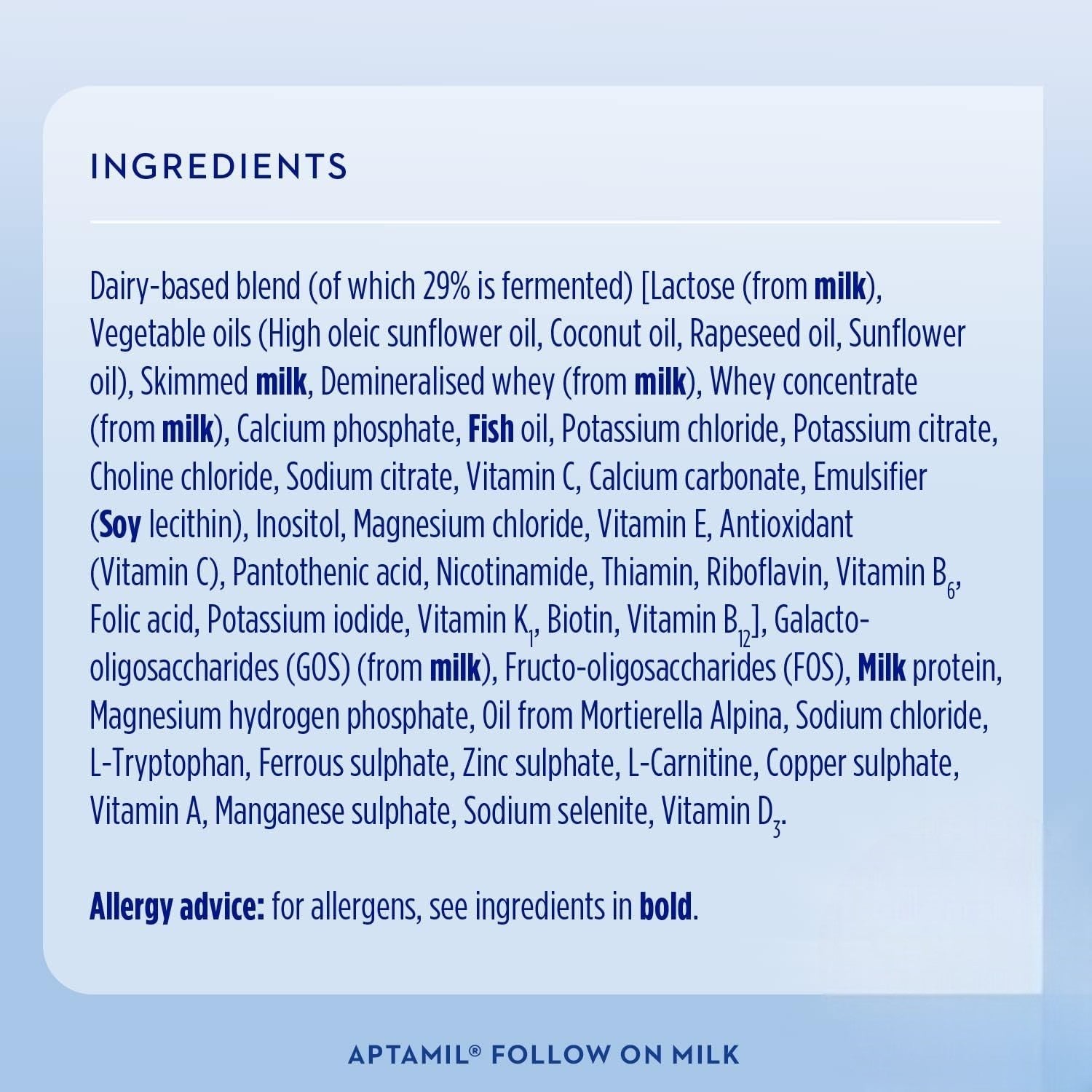 Aptamil Follow On Milk 700g ingredient and nutrition label