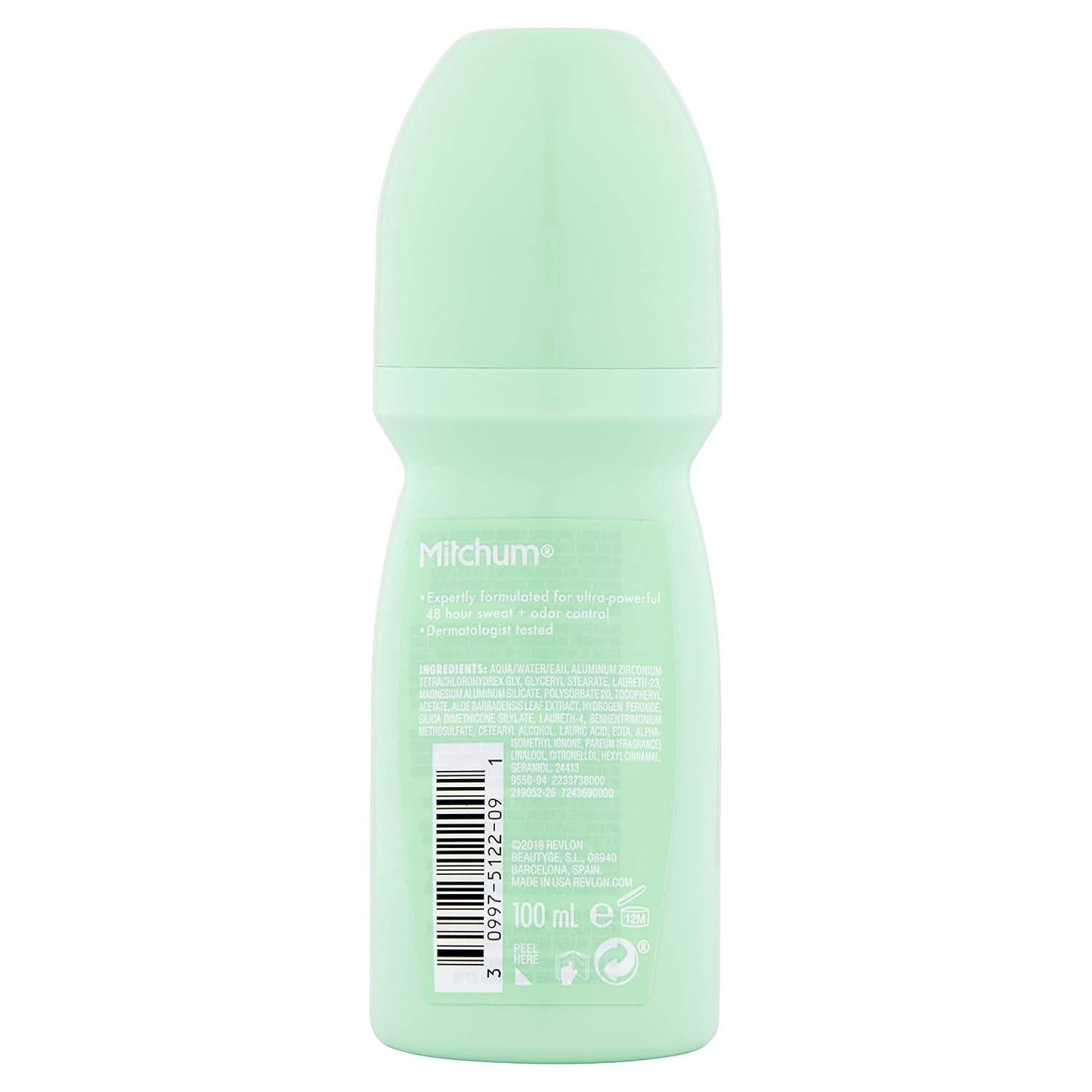Mitchum Women Powder Fresh Antiperspirant Roll On, roll-on bottle packaging, Powder Fresh fragrance, 100ml, ingredients information & barcode