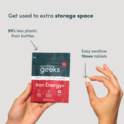 Nutrition Geeks Iron Energy+ 14mg, vegan food supplement tablet packaging, no flavour, 120 tablets, directions for use