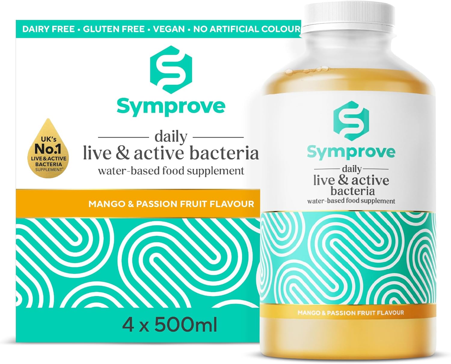 Symprove Liquid Probiotic Mango Passionfruit Flavour 4 x 500ml multipack bottles live active bacteria supplement front view