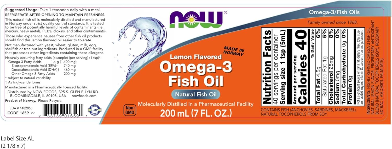 NOW Foods Omega-3 Fish Oil Liquid Lemon Flavour with EPA and DHA 200 mL suggested usage directions and product barcode