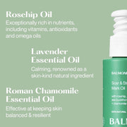 Supplement facts & ingredients image: Balmonds Scar and Stretch Mark Oil 50ml ingredients rosehip borage sea buckthorn oils