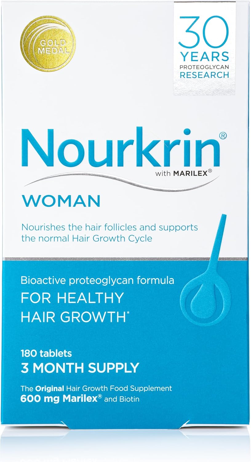 Nourkrin Woman Hair Support Supplement box with 180 tablets on white background.