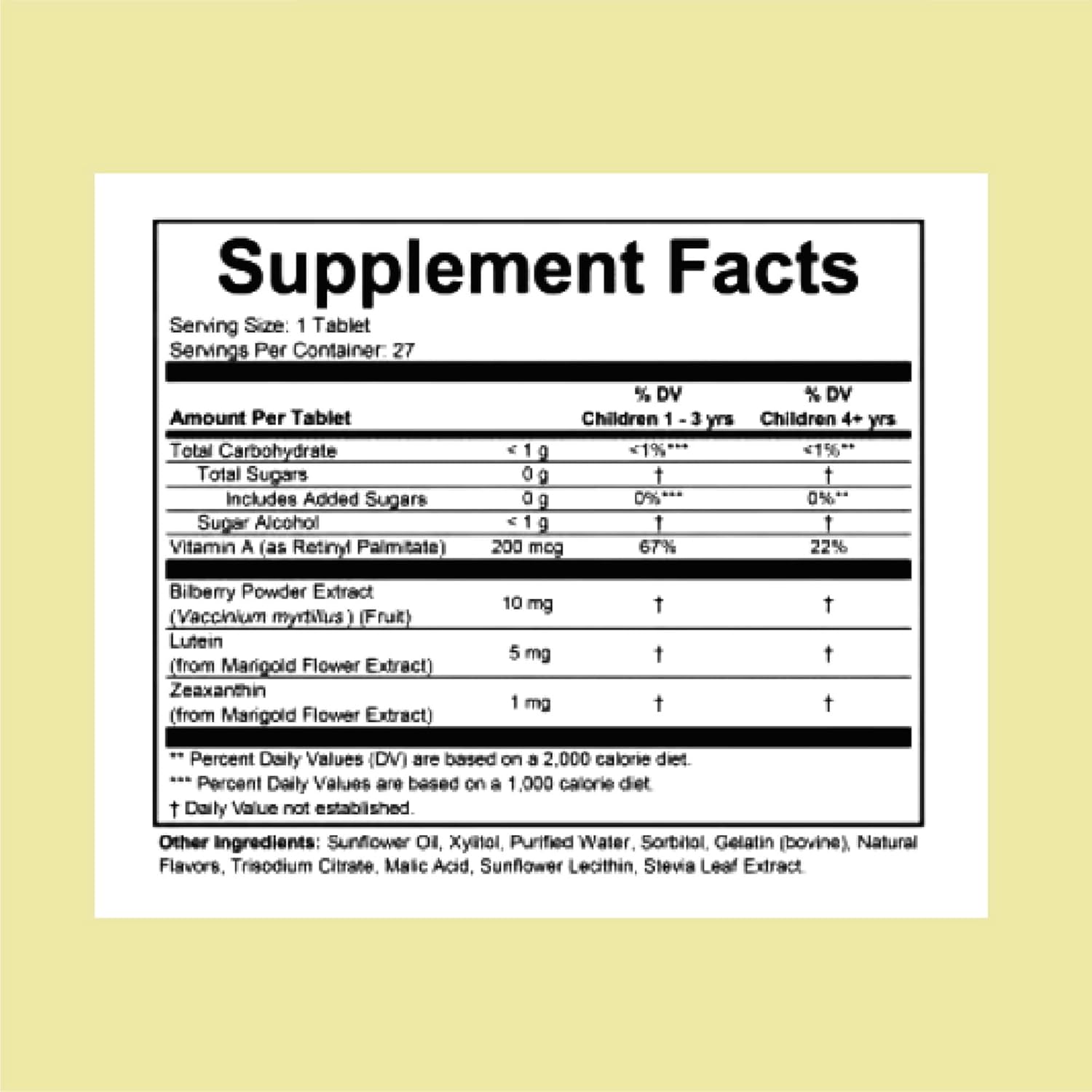 ChildLife Essentials Healthy Vision SoftMelts supplement facts lutein zeaxanthin vitamin A 27 tablets