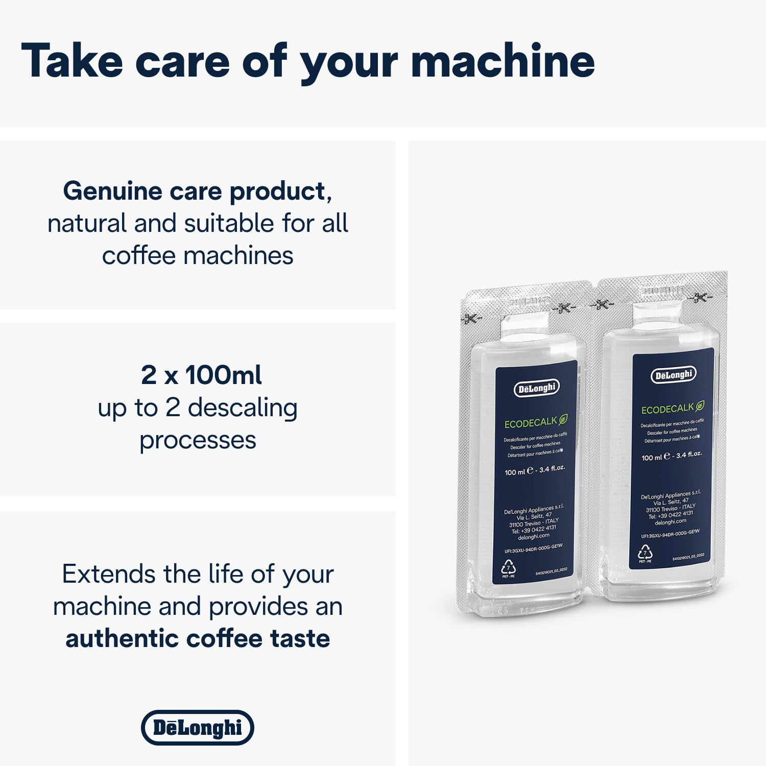 De'Longhi EcoDecalk Mini Coffee Machine Descaler, carton and liquid bottle packaging, unscented formula, 2 x 100ml, coffee machine maintenance use