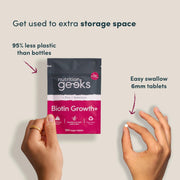 Nutrition Geeks Biotin Growth+ 10000mcg, vegan food supplement tablet packaging, no flavour, 180 tablets, directions for use